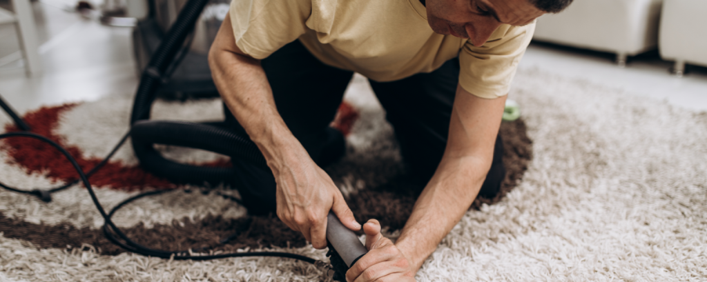 Carpet cleaner who owns business insurance in California is removing a stain from a rug