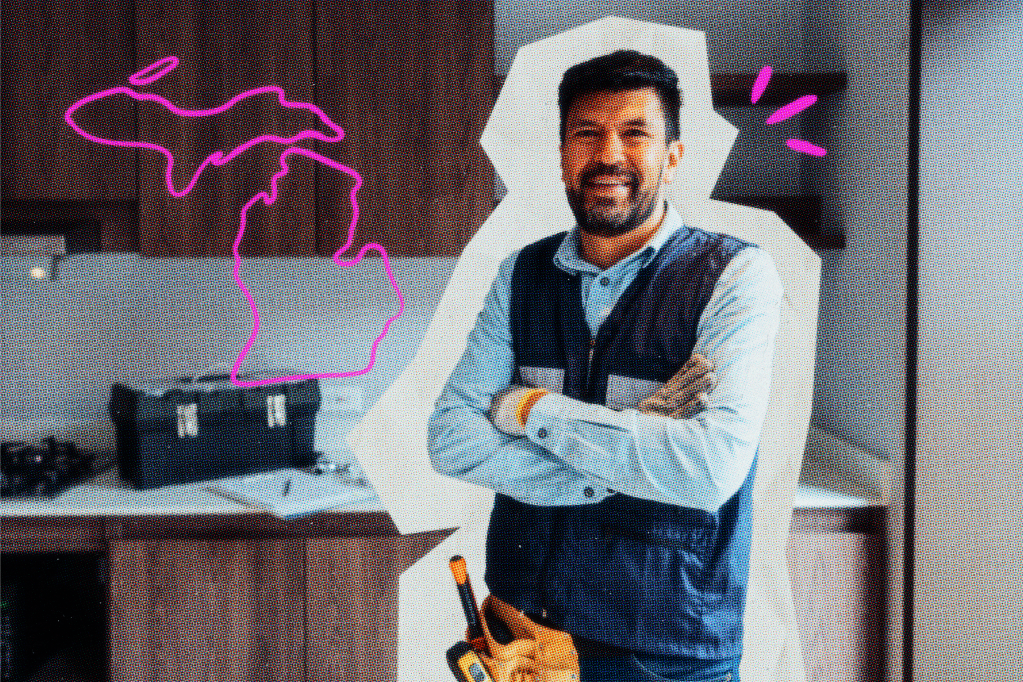 Contractor in a kitchen standing next to an outline of Michigan