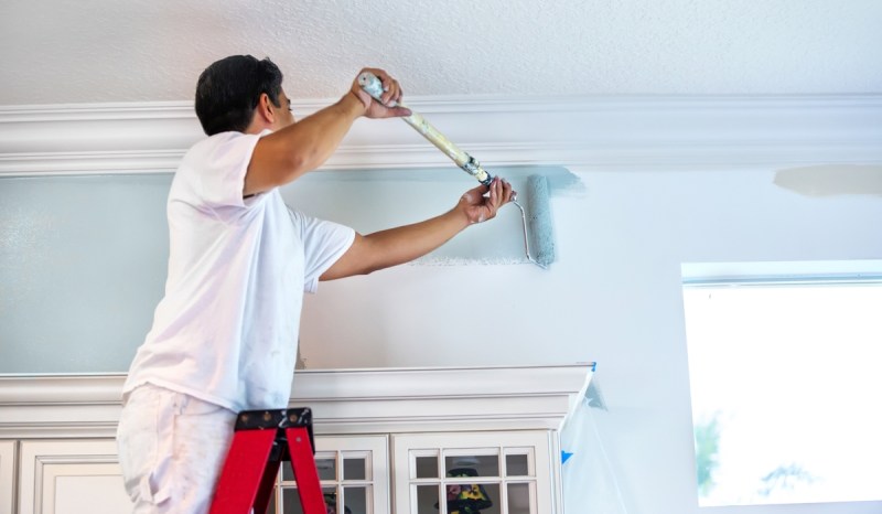 A painter with an Idaho business license works on a client's wall.