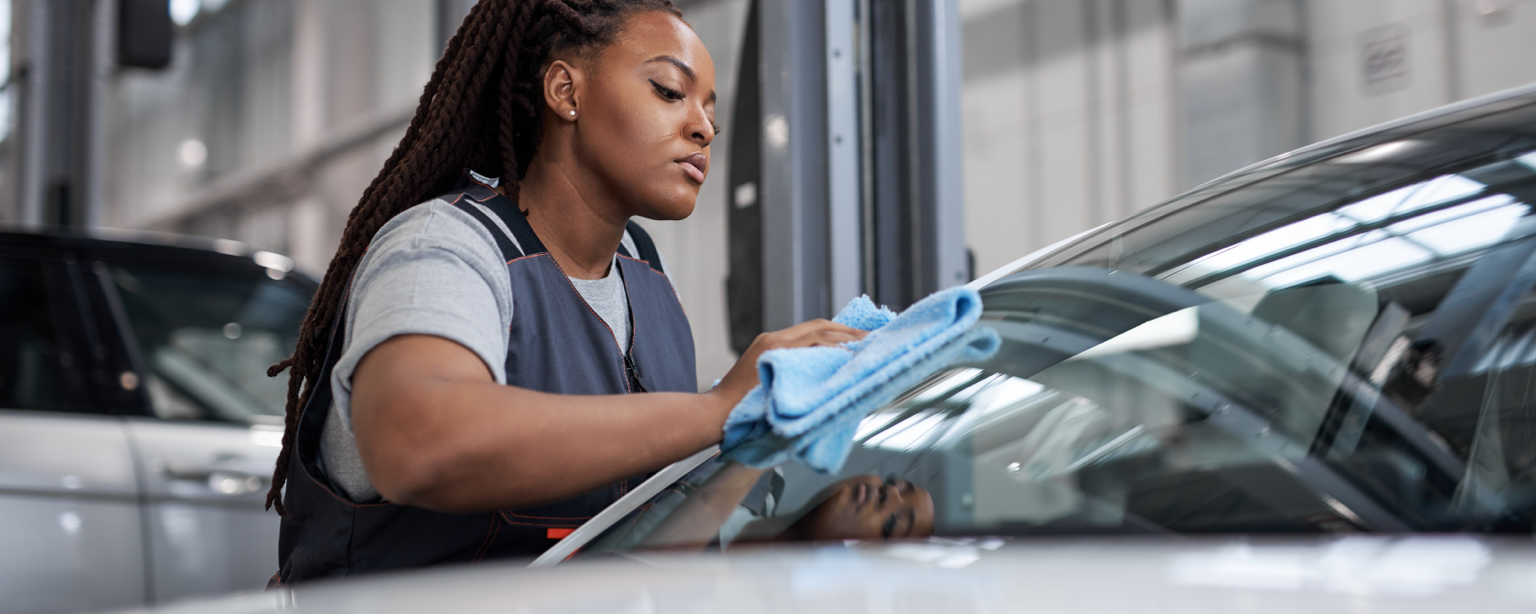 Auto detailer cleans rear windows