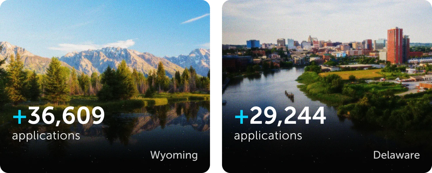 Two blocks with data inside. The left block contains an image of Wyoming and details that there has been an increase of 36,609 applications. The right block contains an image of Delaware and details that there has been an increase of 29,244 applications.