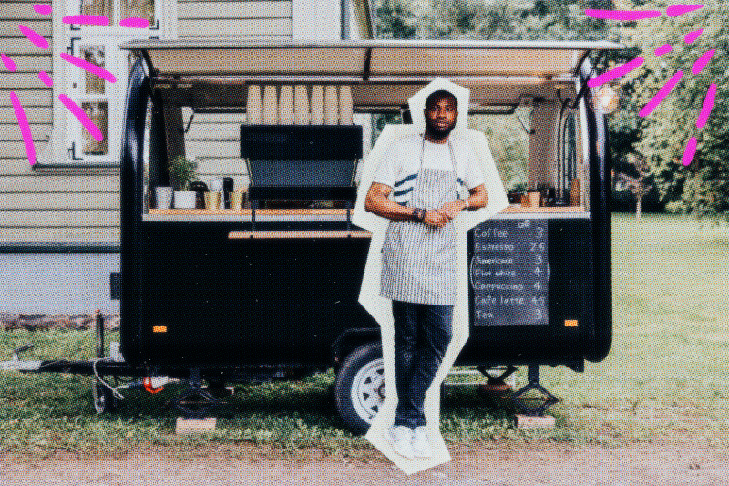 Business owner standing in front of a coffee wagon